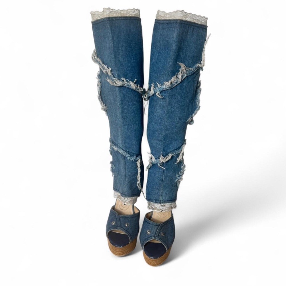 RARE gianmarco Lorenzi denim knee high distressed boots - Picture 3 of 7
